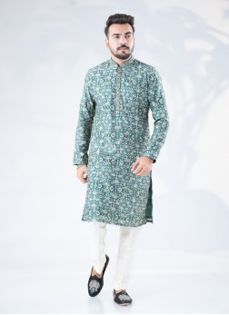 Green Silk Embroidered Festive Wear Kurta Pajama S