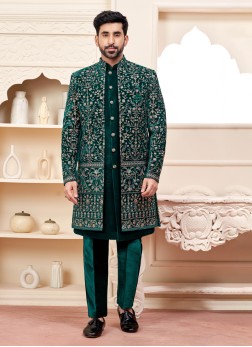 Green Velvet Indo-Western Outfit with Embroidered 