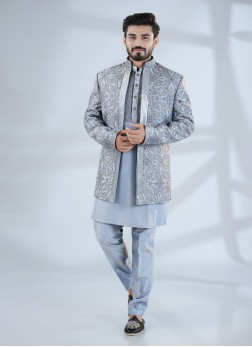Grey Jacket Style Embroidered Indowestern Set For 