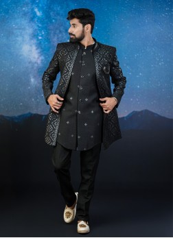 Black Silk Indowestern Set With Jacket