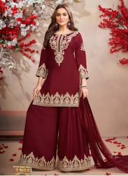 Maroon Silk Embroidered Palazzo Set With Dupatta