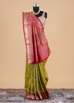Mehendi Green And Rani Banarasi Silk Saree