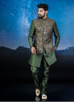 Mehndi Green Silk Nehru Jacket Set
