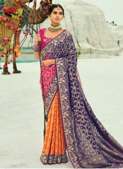 Multicolor Embroidered Chiffon Banarasi Saree