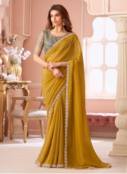 Mustard Yellow Georgette Embroidered Saree