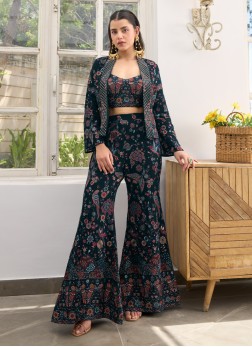 Navy Blue Embroidered Crop Top And Palazzo With Ja
