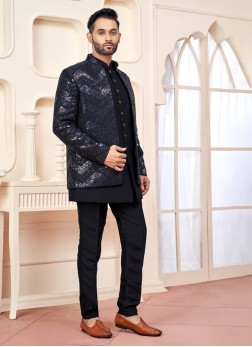 Navy Blue Indowestern Set with Embroidered Jacket 