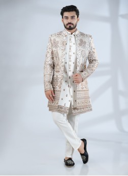 Off White Silk Thread Embroidered Jacket Indoweste