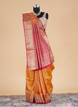 Orange And Rani Banarasi Silk Saree With Weaving W