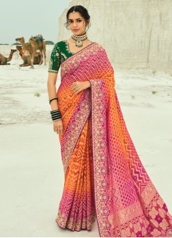 Orange And Rani Embroidered Chiffon Banarasi Saree