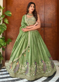 Parrot Green Shimmer Silk Wedding Wear Lehenga Wit