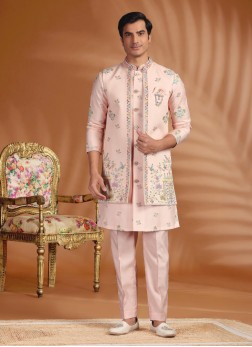 Peach Color Embroidered Silk Nehru Jacket Set