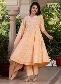 Peach Cotton Printed Kurti Set With Dupatta