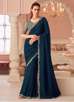 Peacock Blue Georgette Embroidered Saree