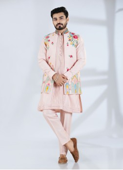 Pink Silk Printed Nehru Jacket Set