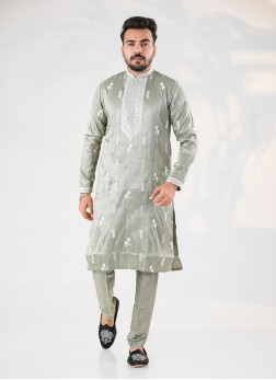 Pista Green Thread Embroidered Kurta Pajama For We