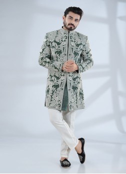 Pista Green Thread Embroidered Velvet Indowestern 