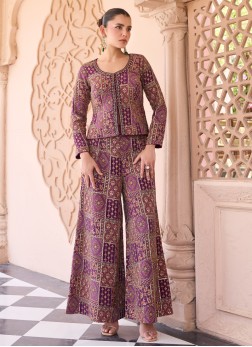 Purple Colored Crepe Silk Embroidered Palazzo Set