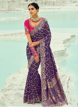 Purple Embroidered Banarasi Chiffon Saree