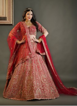 Radiant Red Embroidered Raw Silk Wedding Lehenga C