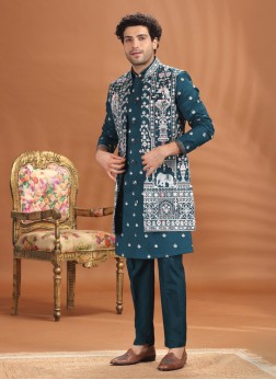 Rama Color Embroidered Silk Nehru Jacket Set