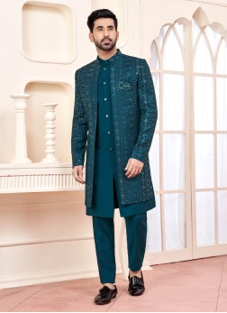 Rama Green Embroidered Indowestern Set With Jacket