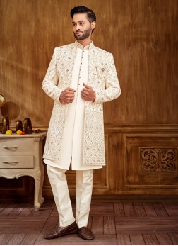 Readymade Cream Silk Jacket Style Indowestern