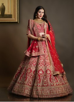 Red Bridal Lehenga Choli With Two Net Dupattas