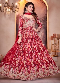 Red Embroidered Anarkali Dupatta Set For Women