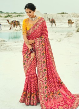 Red Embroidered Banarasi Chiffon Saree