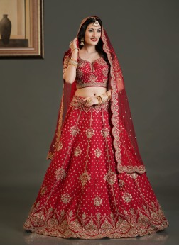 Red Embroidered Raw Silk Lehenga Choli For Bride