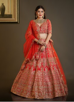 Red Hand Embroidered Bridal Lehenga Choli With Dup