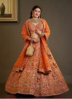 Rust Embroidered Lehenga Set With Bordered Dupatta