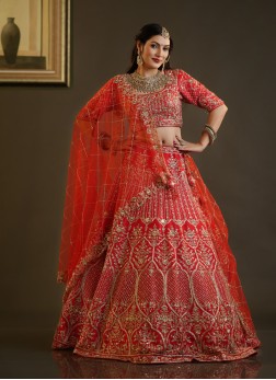 Rust Zardosi Embellished Raw Silk Lehenga Choli Wi