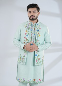 Sea Green Printed Silk Nehru Jacket Set