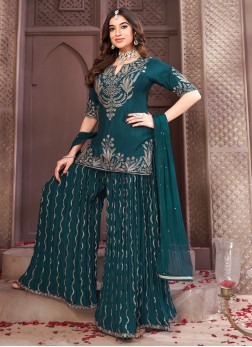 Shimmering Dark Teal Embroidered Palazzo Suit For 
