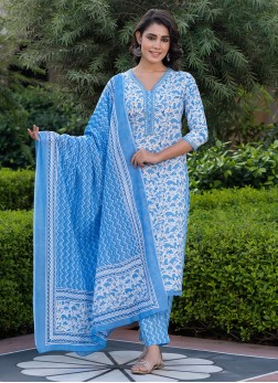 Sky Blue Printed Cotton Kurti And Pant Set