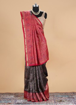Navy Blue And Crimson Banarasi Silk Saree
