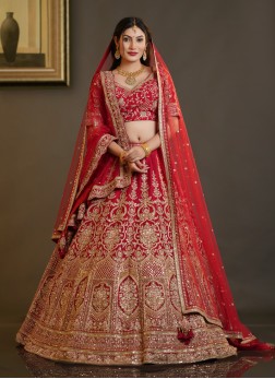 Stunning Red Heavy Embroidered Raw Silk Lehenga Ch