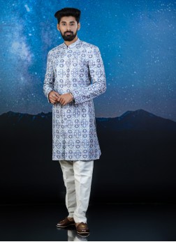 Blue Embroidered Indowestern Set In Silk