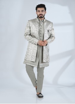 Stylish Pista Green Silk Indowestern Set With Jack