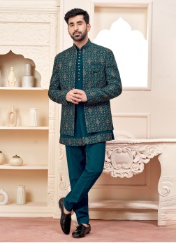 Stylish Rama Green Indowestern Set With Embroidere