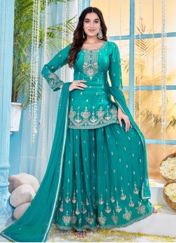 Teal Colored Art Crepe Embroidered Palazzo Set