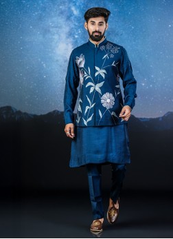Dark Blue Silk Nehru Jacket Set