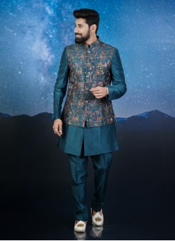Rama Green Embroidered Nehru Jacket Set