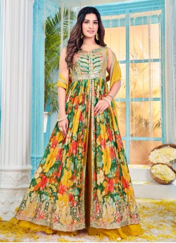 Wedding Wear Multi Color Art Silk Anarkali Palazzo