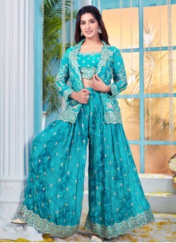 Wedding Wear Turquoise Embroidered Palazzo Set Wit