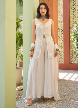 Wedding Wear White Embroidered Palazzo Set With Du