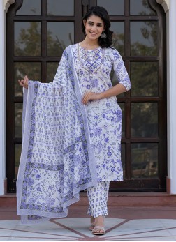 White Cotton Printed Kurti Set For Women
