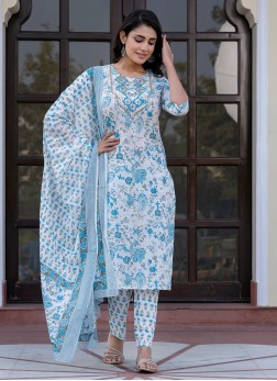 White Printed Kurti Set For Women